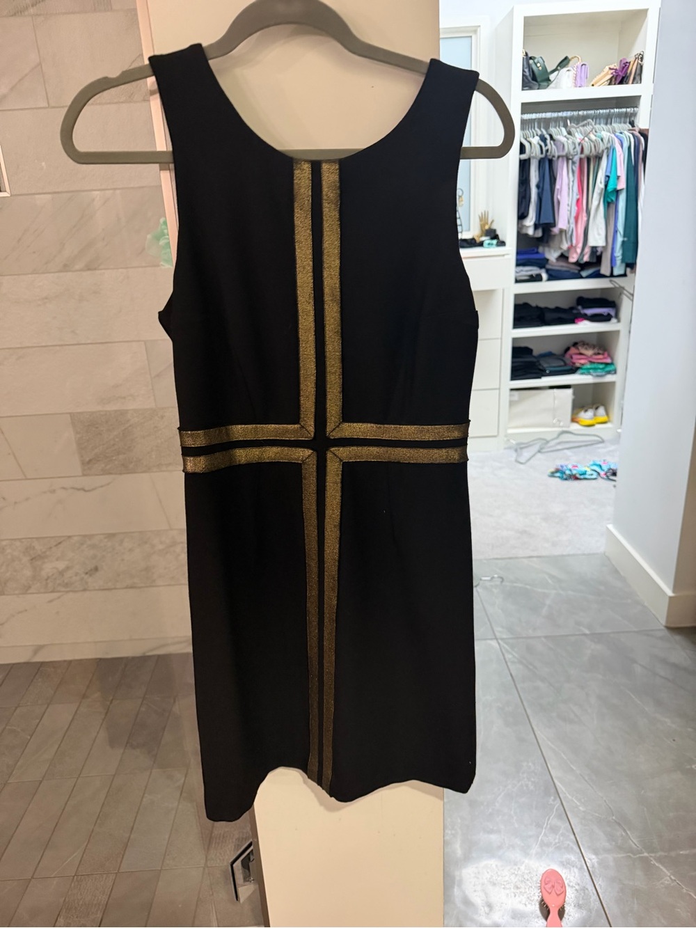 Tracy Reese Black Sheath Dress with Metallic Gold Cross Trim